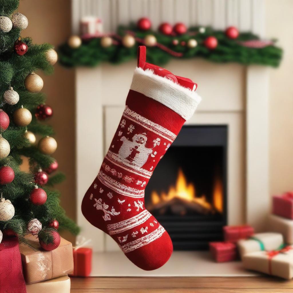 A festive Christmas stocking hanging by a fireplace, filled with small gifts and candy canes