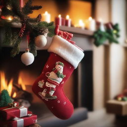 A festive Christmas stocking hanging by a fireplace, filled with small gifts and candy canes