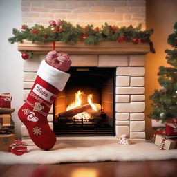 A festive Christmas stocking hanging by a fireplace, filled with small gifts and candy canes