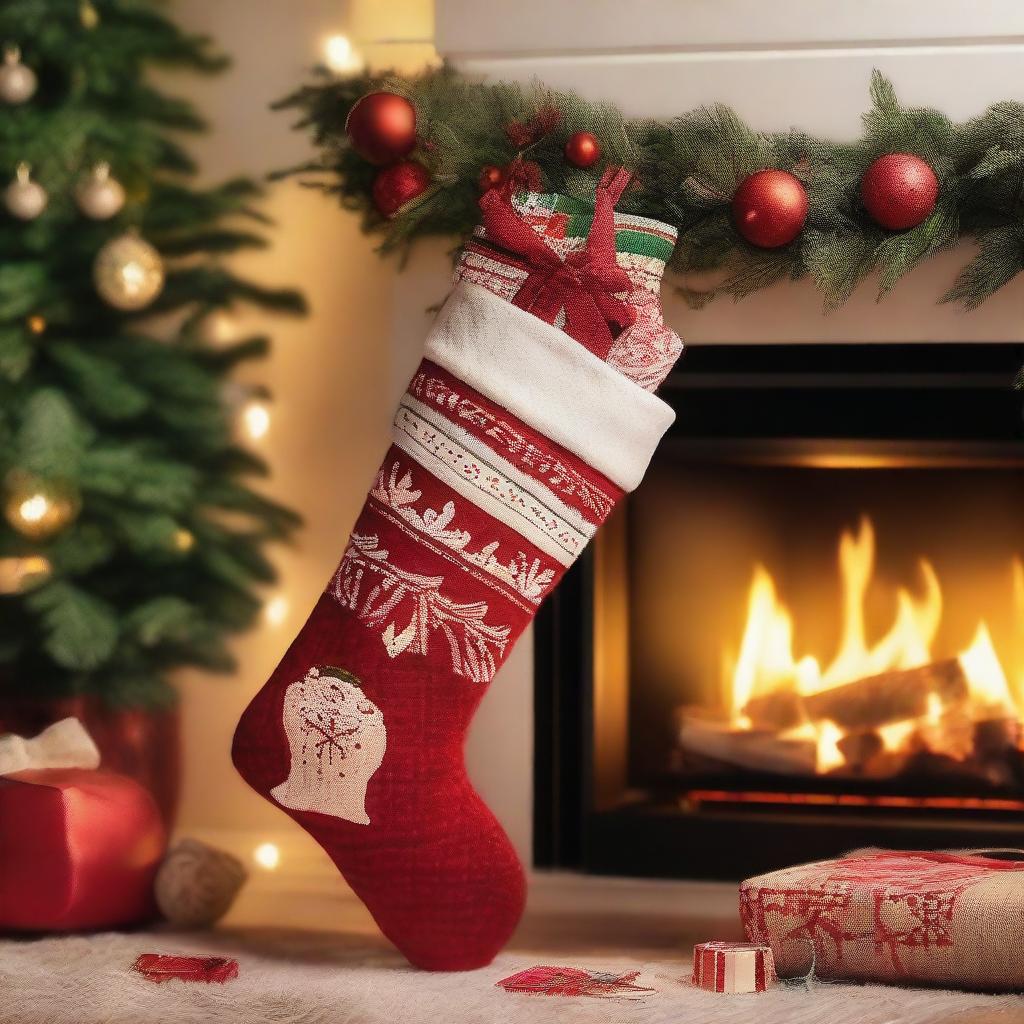 A festive Christmas stocking hanging by a fireplace, filled with small gifts and candy canes