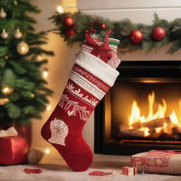 A festive Christmas stocking hanging by a fireplace, filled with small gifts and candy canes