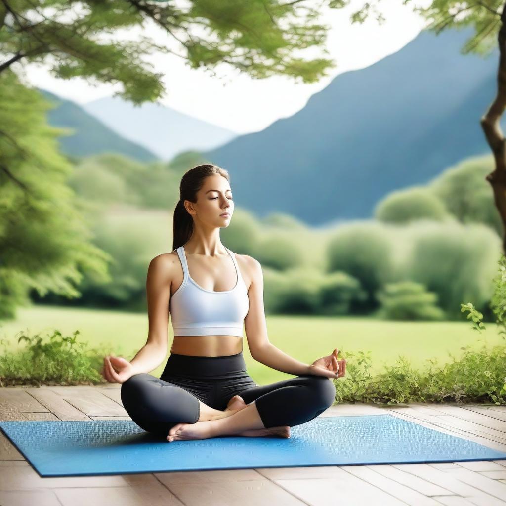 A serene scene of a person practicing yoga in a peaceful outdoor setting, surrounded by nature