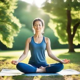 A serene scene of a person practicing yoga in a peaceful outdoor setting, surrounded by nature