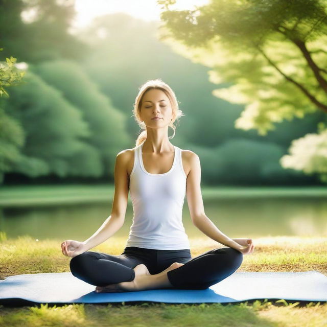 A serene scene of a person practicing yoga in a peaceful outdoor setting, surrounded by nature