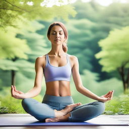 A serene scene of a person practicing yoga in a peaceful outdoor setting, surrounded by nature