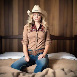 A young blonde woman dressed in a cowgirl outfit, lying provocatively on a bed