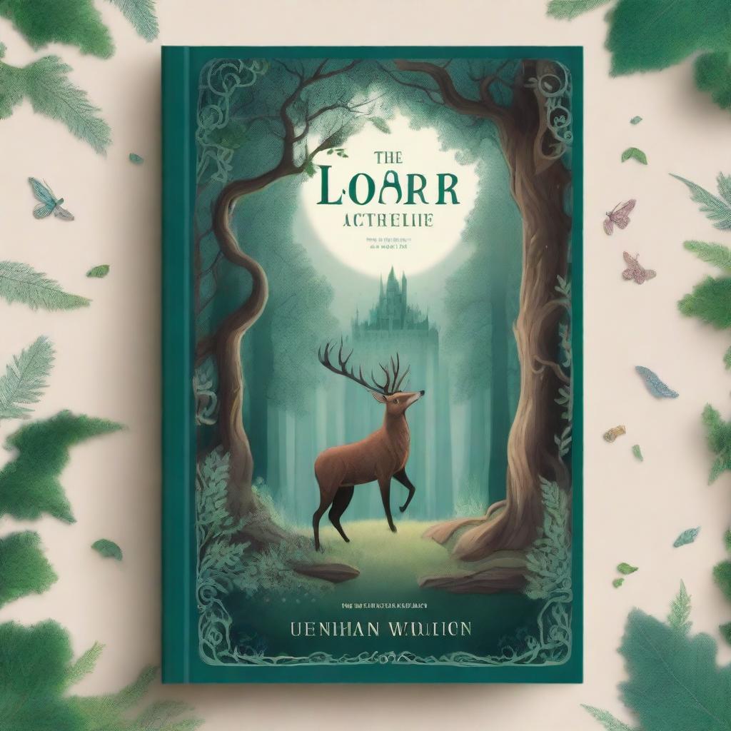 A captivating book cover featuring an enchanting forest scene with mystical creatures and a hidden path leading to an ancient castle