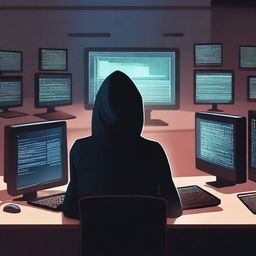 A dramatic scene depicting the crime of computer data theft