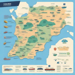 A detailed map of Colombia highlighting major logistical routes, including highways and ports