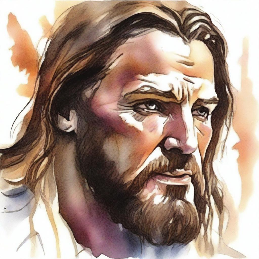 Create a realistic watercolor drawing of an angry Jesus