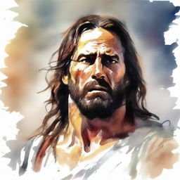 Create a realistic watercolor drawing of an angry Jesus