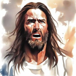 Create a realistic watercolor drawing of an angry Jesus