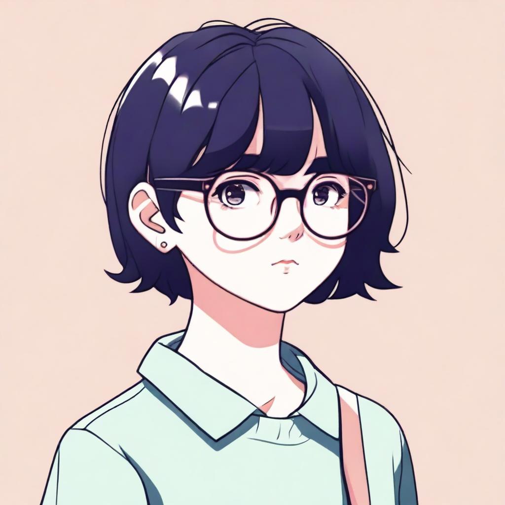 An anime-style illustration of a girl with short black hair and big glasses