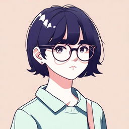 An anime-style illustration of a girl with short black hair and big glasses