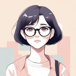 An anime-style illustration of a girl with short black hair and big glasses