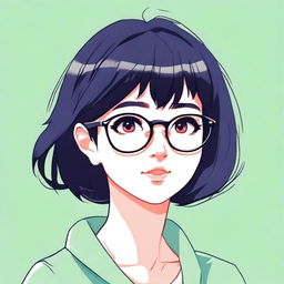 An anime-style illustration of a girl with short black hair and big glasses