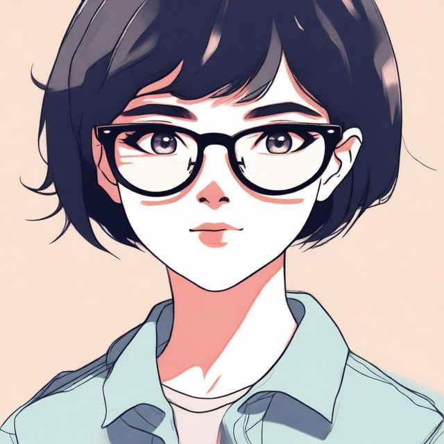 An anime-style illustration of a girl with short black hair and big glasses