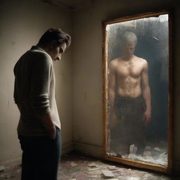 A man standing in front of a broken mirror, looking at his reflection