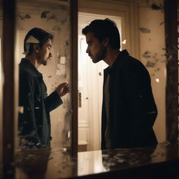 A man standing in front of a broken mirror, looking at his reflection