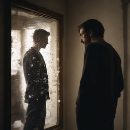 A man standing in front of a broken mirror, looking at his reflection