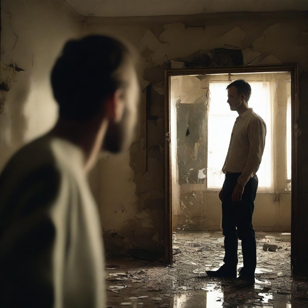 A man standing in front of a broken mirror, looking at his reflection