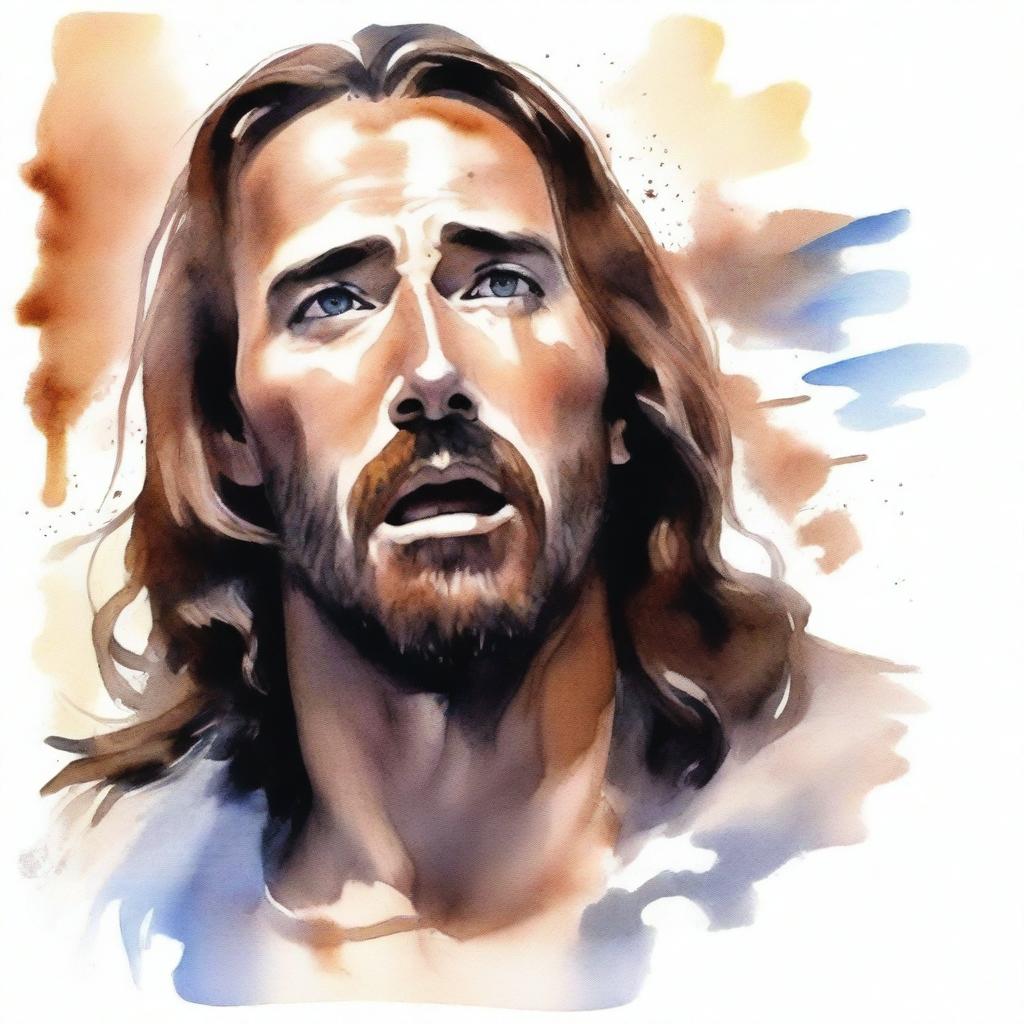 Create a realistic watercolor drawing of Jesus in a moment of intense rage