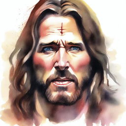 Create a realistic watercolor drawing of Jesus in a moment of intense rage