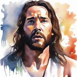 Create a realistic watercolor drawing of Jesus in a moment of intense rage