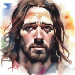 Create a realistic watercolor drawing of Jesus in a moment of intense rage