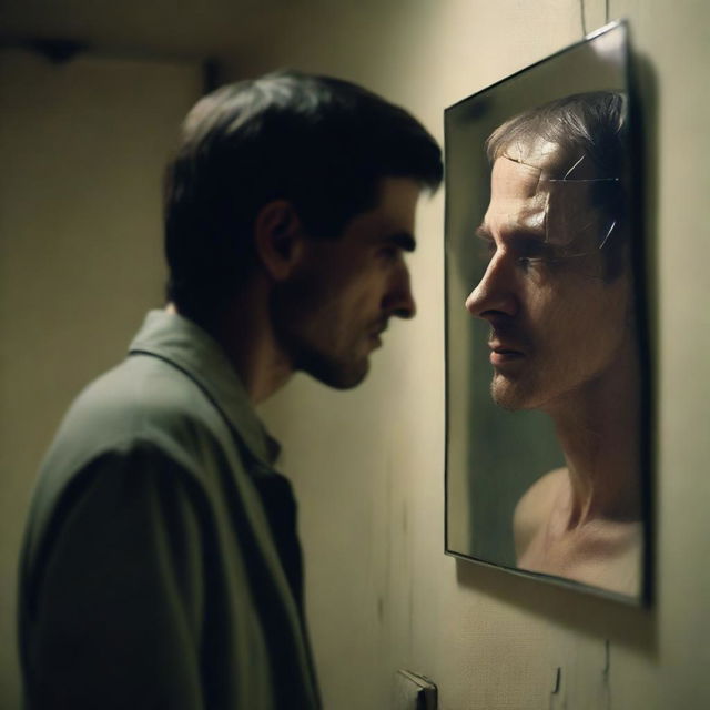 A man standing in front of a cracked mirror, looking at his reflection