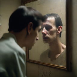 A man standing in front of a cracked mirror, looking at his reflection