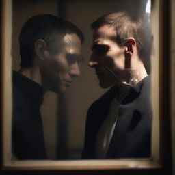 A man standing in front of a cracked mirror, looking at his reflection