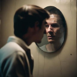 A man standing in front of a cracked mirror, looking at his reflection