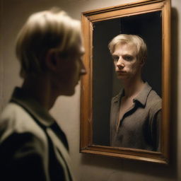 A blond man standing in front of a cracked mirror, looking at his reflection