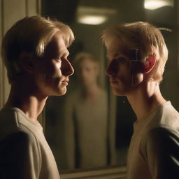 A blond man standing in front of a cracked mirror, looking at his reflection