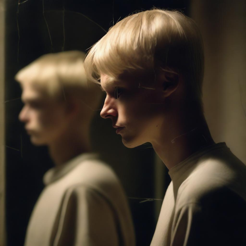 A blond man standing in front of a cracked mirror, looking at his reflection