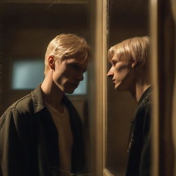 A blond man standing in front of a cracked mirror, looking at his reflection