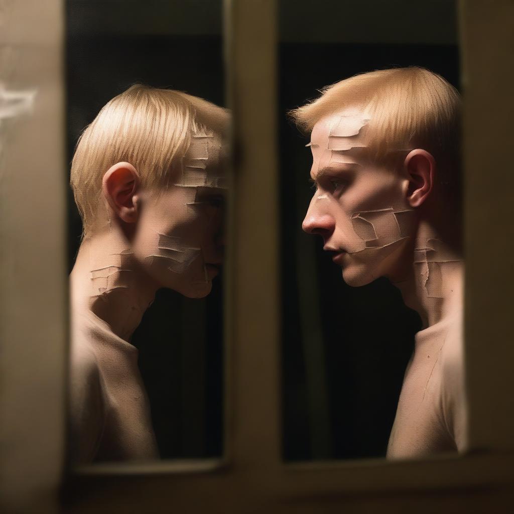 A blond man standing in front of a cracked mirror, looking at his reflection