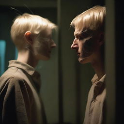 A blond man standing in front of a cracked mirror, looking at his reflection