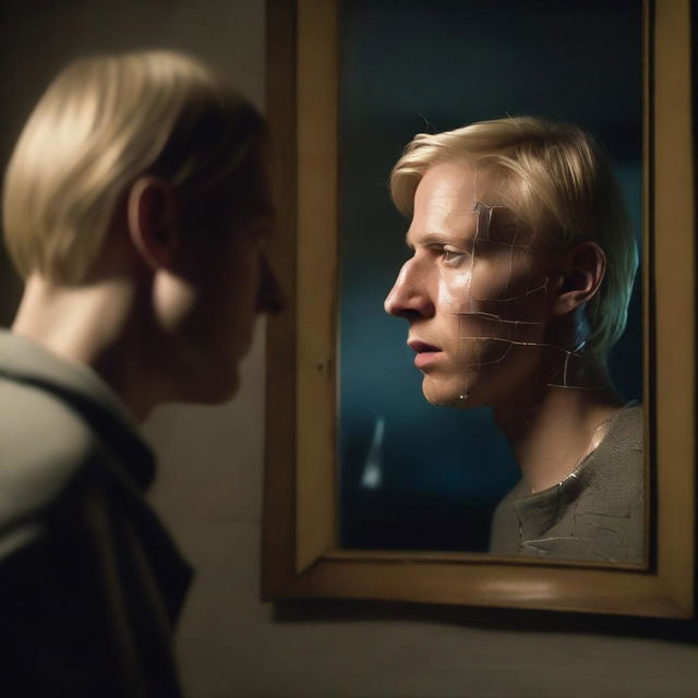 A blond man standing in front of a cracked mirror, looking at his reflection