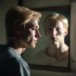 A blond man standing in front of a cracked mirror, looking at his reflection