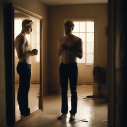 A blonde man standing in front of a mirror that is broken into 7 different pieces