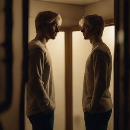 A blonde man standing in front of a mirror that is broken into 7 different pieces