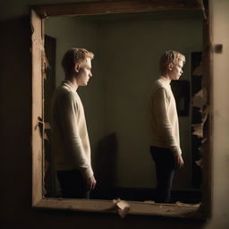 A blonde man standing in front of a mirror that is broken into 7 different pieces