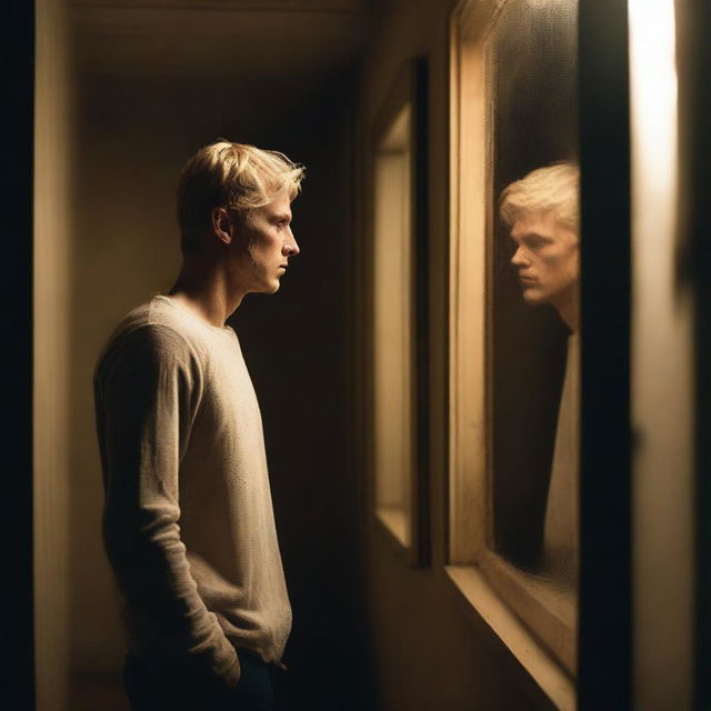 A blonde man standing in front of a mirror that is broken into 7 different pieces