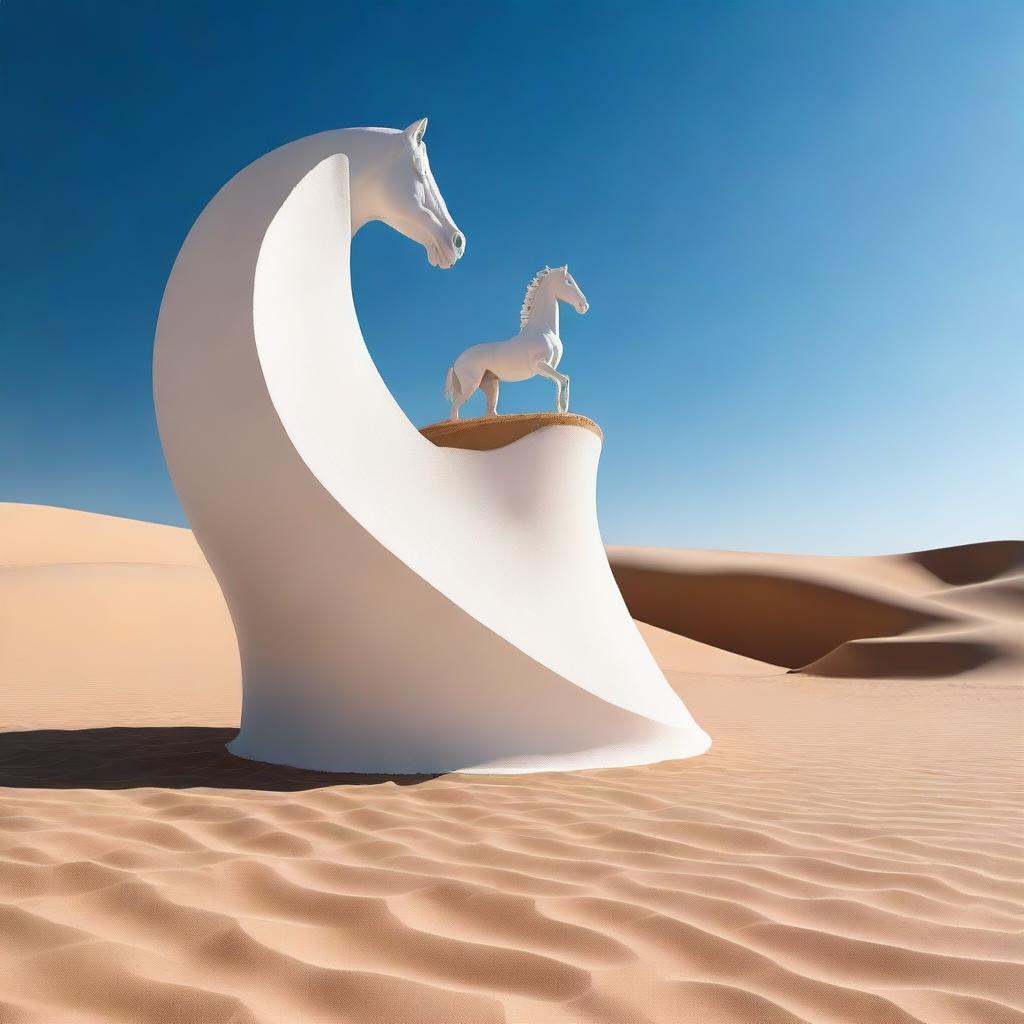 A surreal image of a white helical staircase rising from the middle of a vast desert