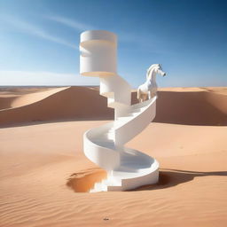 A surreal image of a white helical staircase rising from the middle of a vast desert