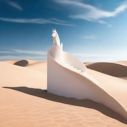 A surreal image of a white helical staircase rising from the middle of a vast desert