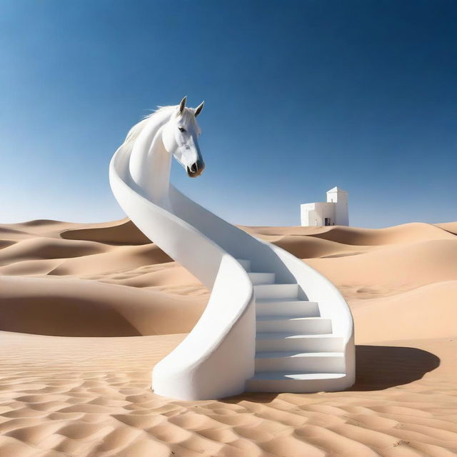 A surreal image of a white helical staircase rising from the middle of a vast desert