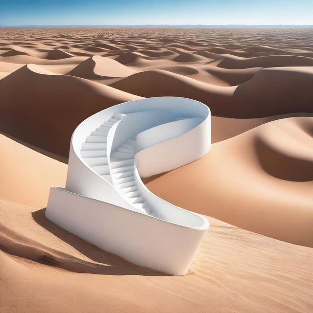 A surreal image of a white helical staircase rising from the middle of a vast desert